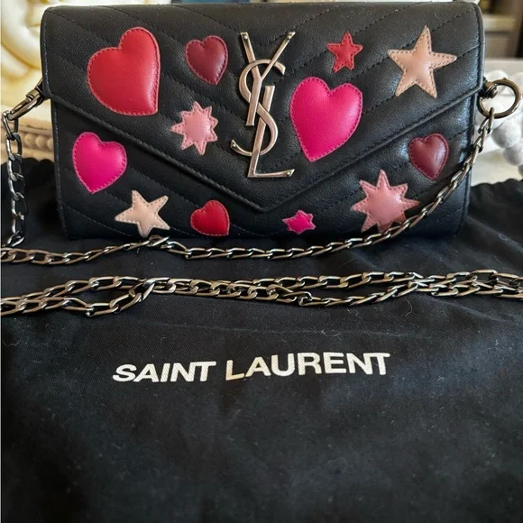 RARE Saint Laurent Calfskin Matelasse Chevron Heart Patchwork Monogram WOC-Black - Picture 3 of 15